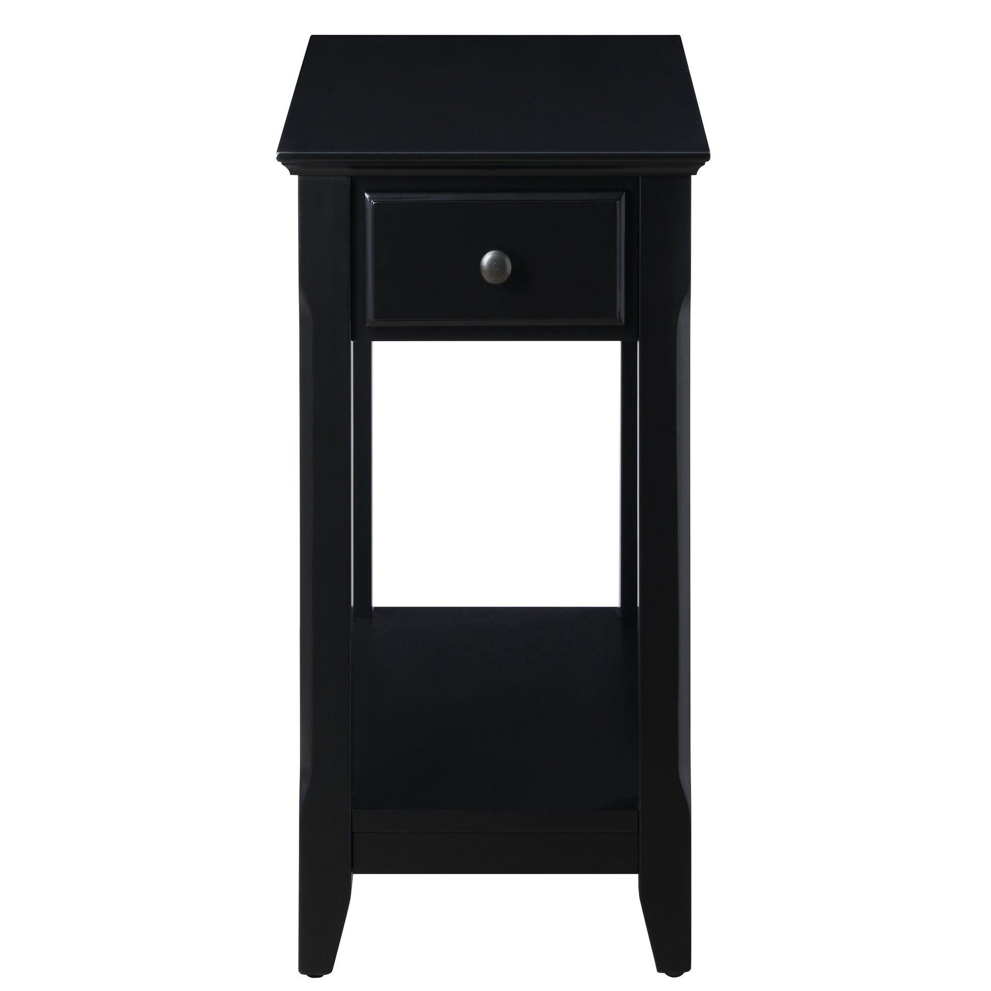 Black wooden nightstand with a single drawer and open shelf space
