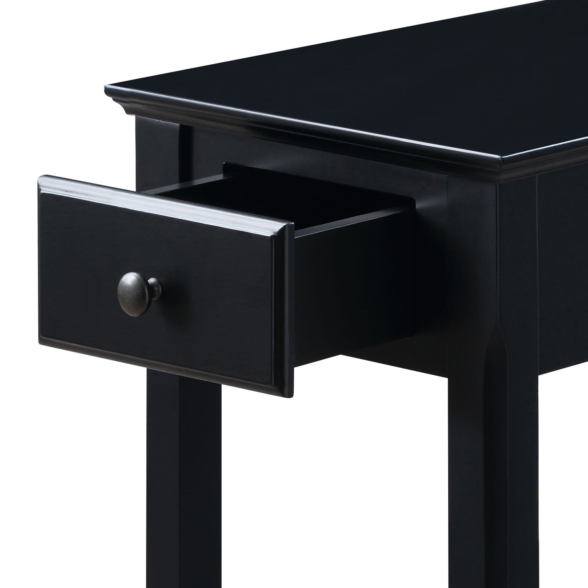 Black console table with one partially opened drawer and a pewter knob