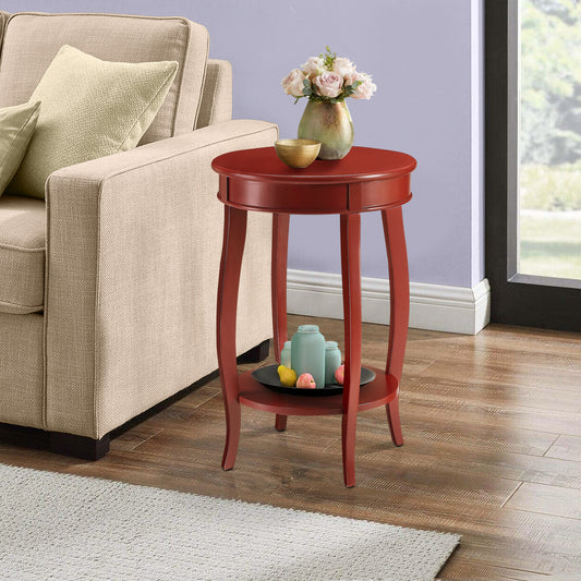 Round red end table with decorative vases and faux fruit on bottom shelf