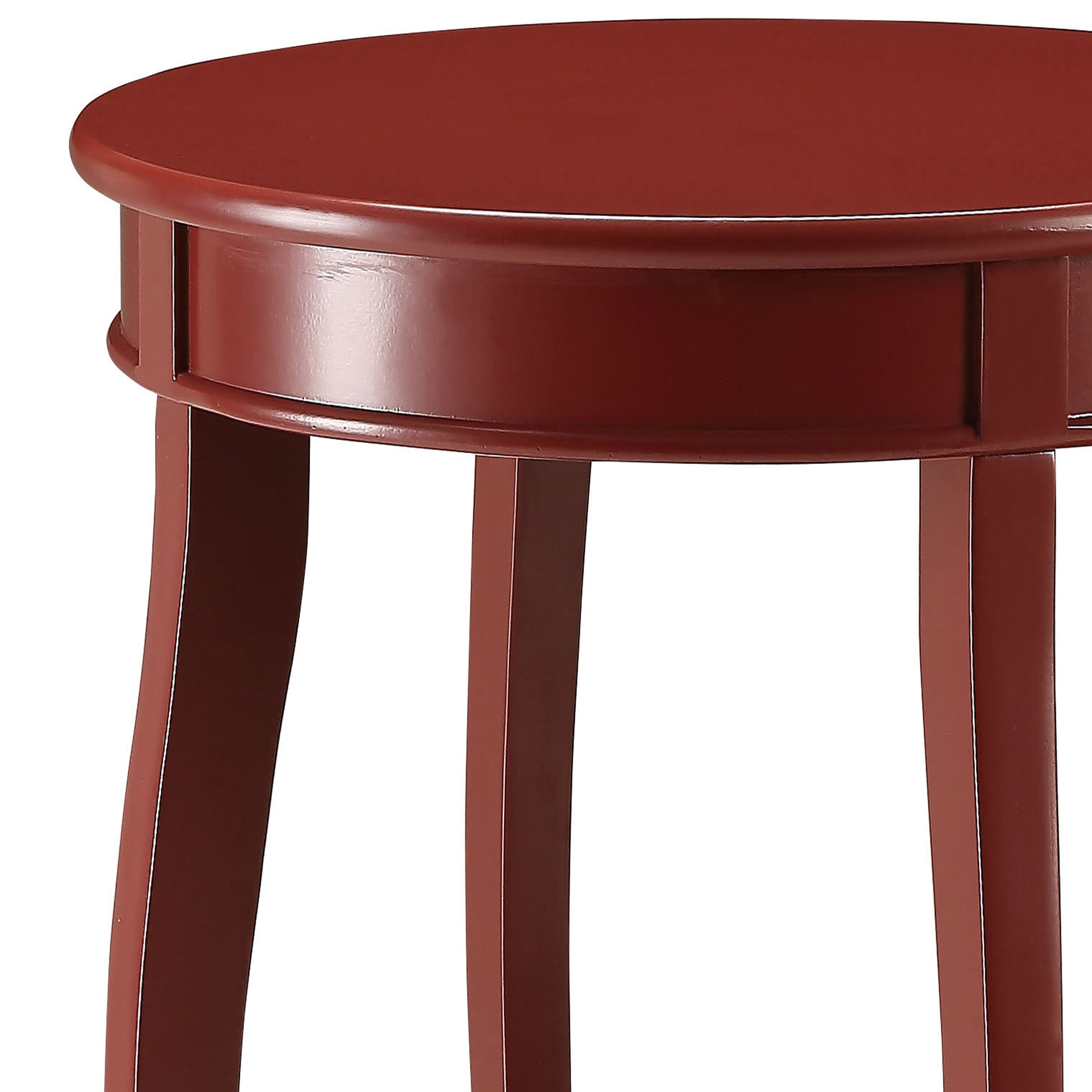 Round wooden side table in a rich burgundy color with tapered legs