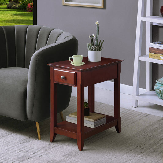 Mahogany wood end table with drawer and lower shelf