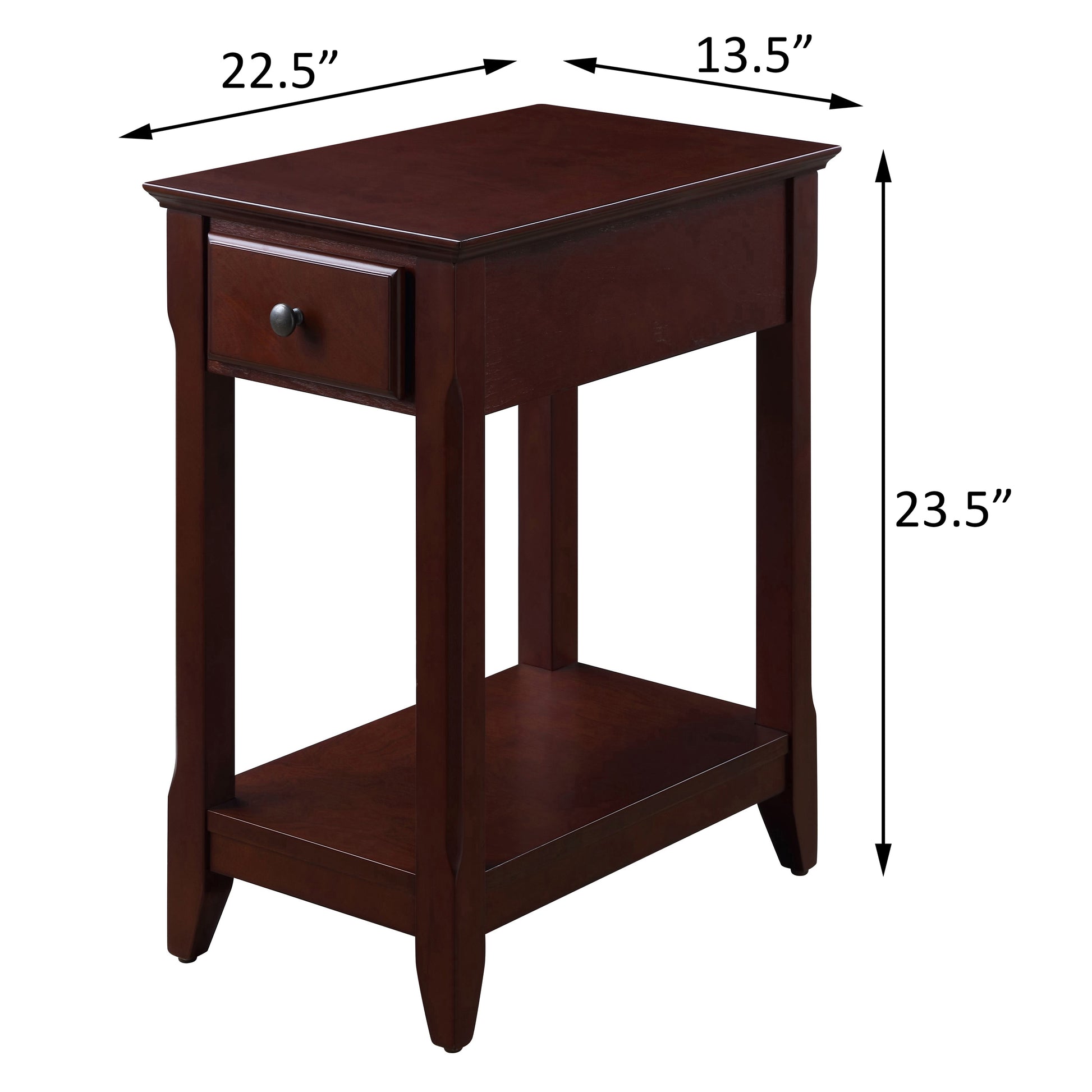 Dark brown end table with one drawer and lower shelf perfect for living rooms