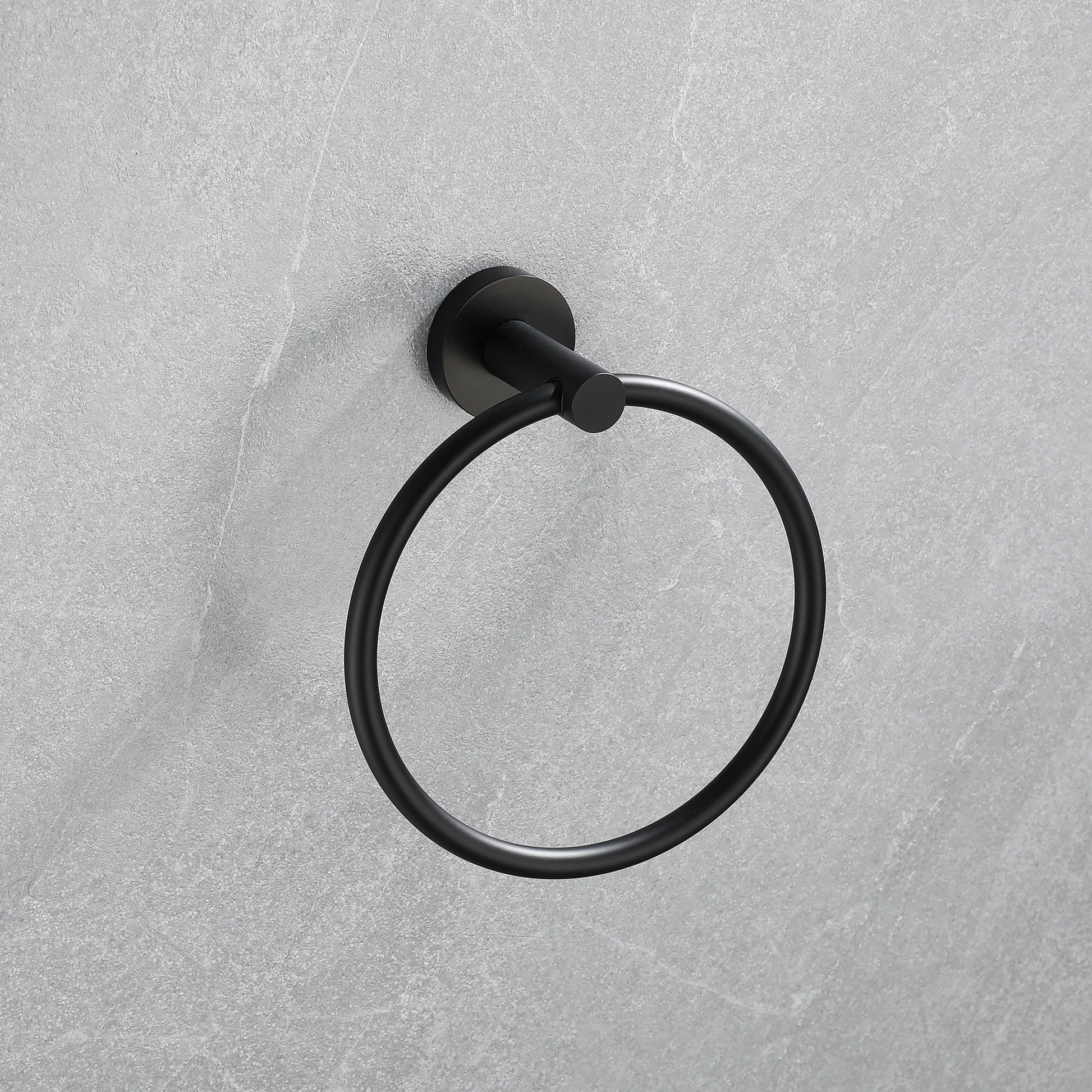 Modern matte black towel ring with circular design perfect for minimalist bathrooms