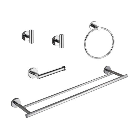 Set of  modern chrome bathroom accessories towel ring double towel bar toilet paper holder two robe hooks