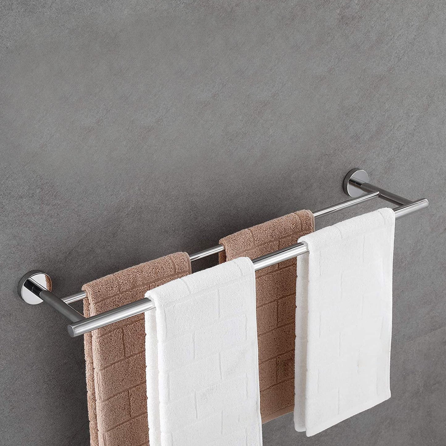 Sleek doublerod stainless steel towel bar with white and brown bath towels