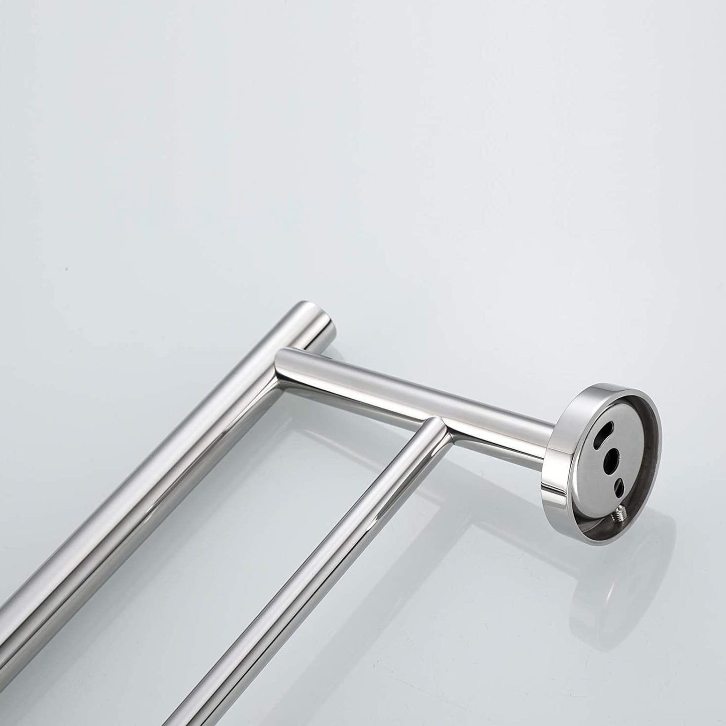 Polished stainless steel double towel bar with modern swivel arms for bathroom organization
