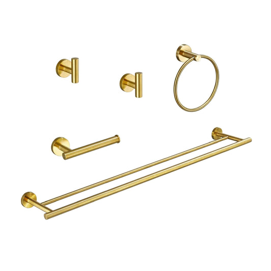 Gold bathroom hardware set including towel bar towel ring and robe hooks