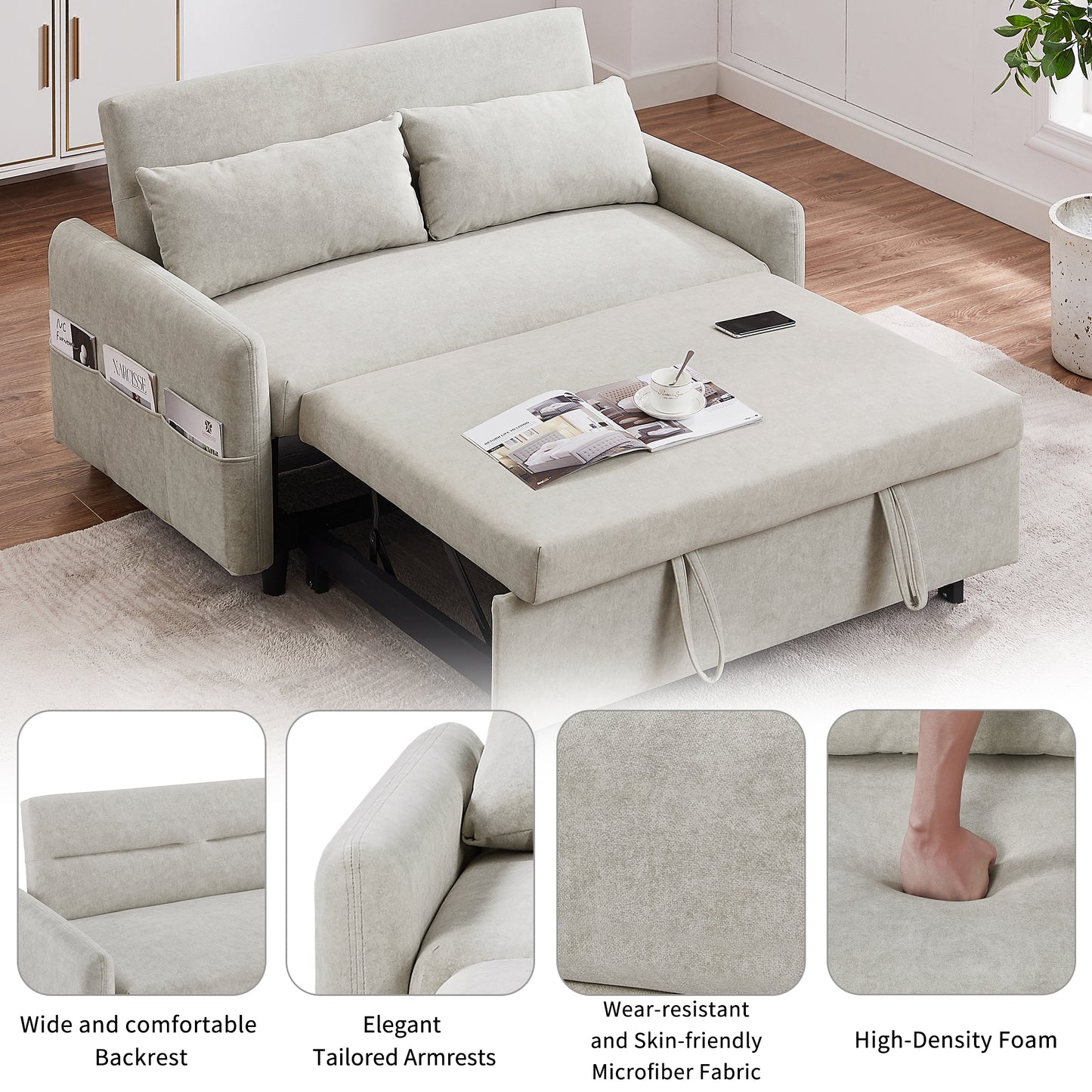 Light gray convertible sofa bed with integrated storage and pullout ottoman