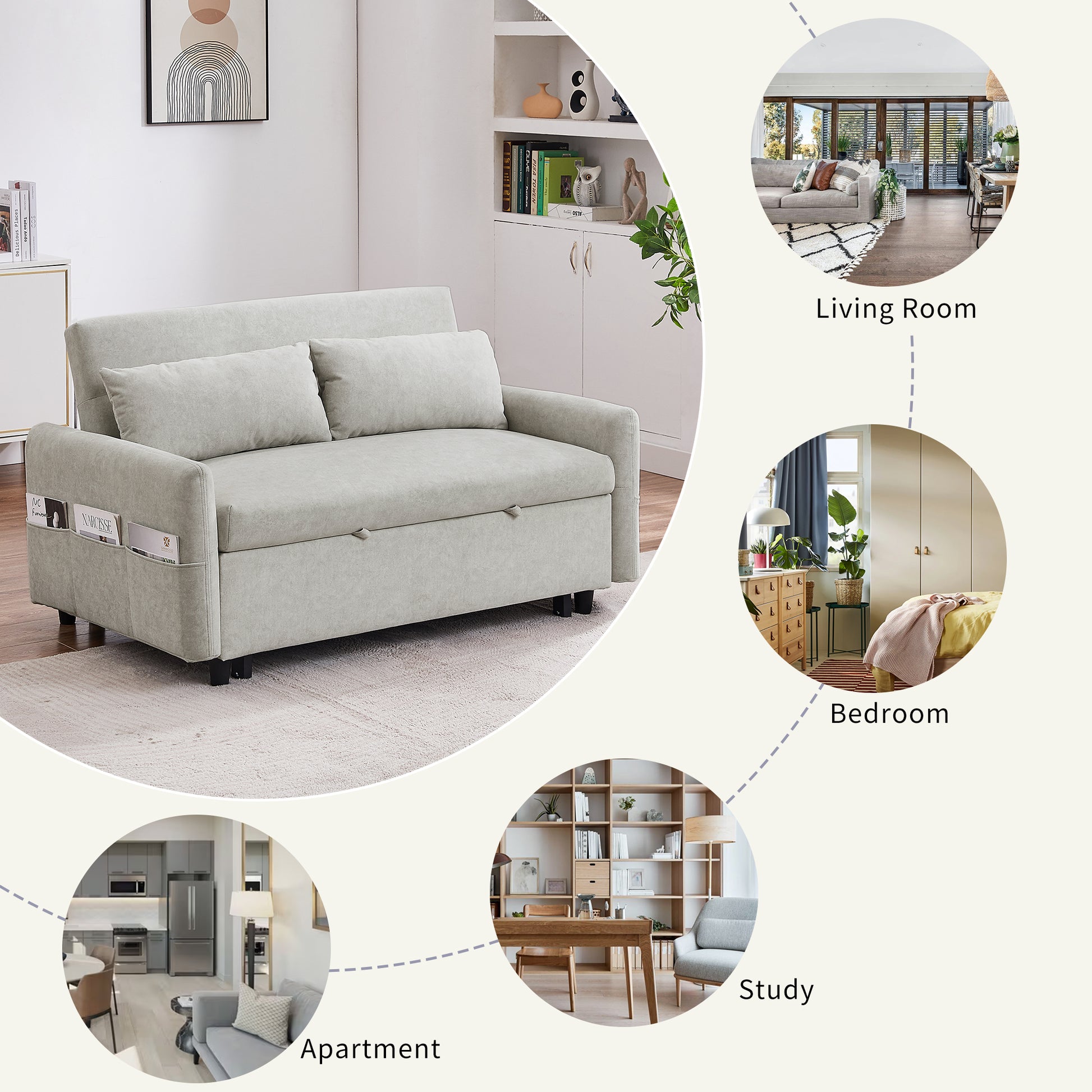 Light gray convertible sofa bed with armrest storage pockets perfect for small apartments