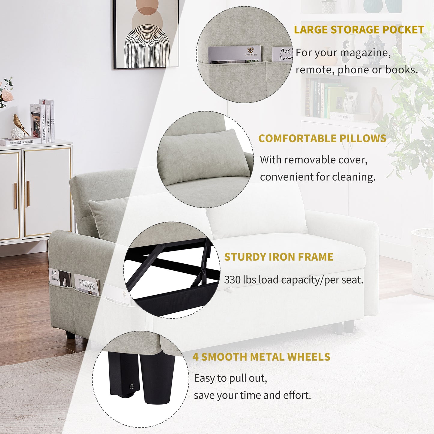 Comfortable light gray sofa with large storage pockets on the armrest