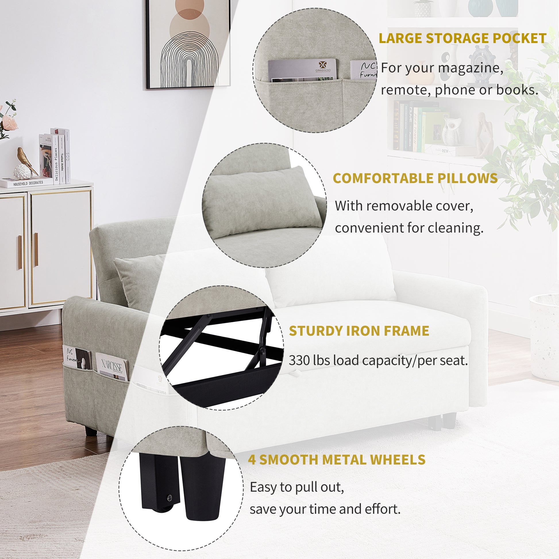 Comfortable light gray sofa with large storage pockets on the armrest