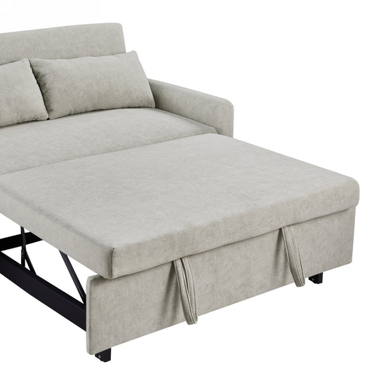 Light grey fabric sofa bed with pullout ottoman extended and cushions visible