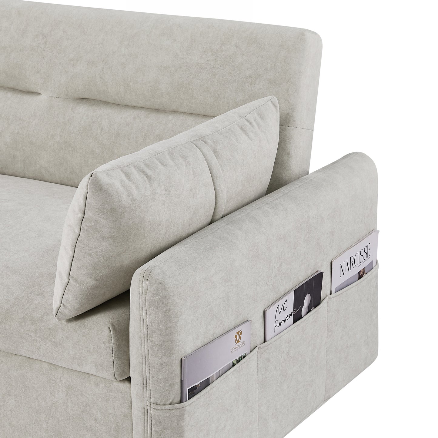 Light grey fabric sofa with side pocket storage for magazines and books