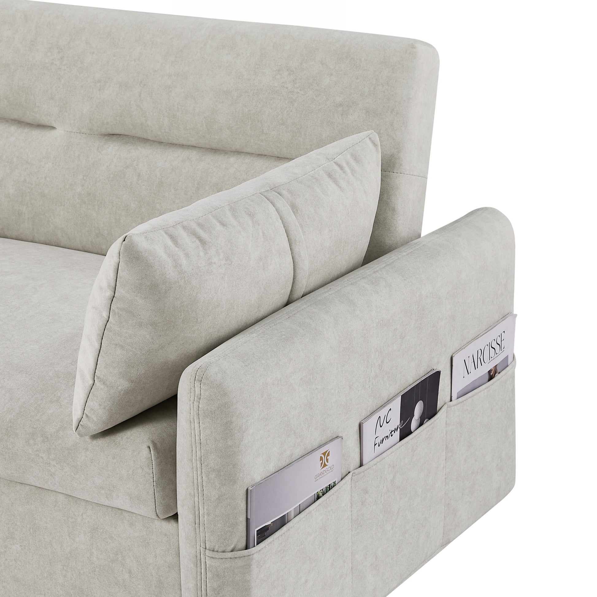 Light grey fabric sofa with side pocket storage for magazines and books