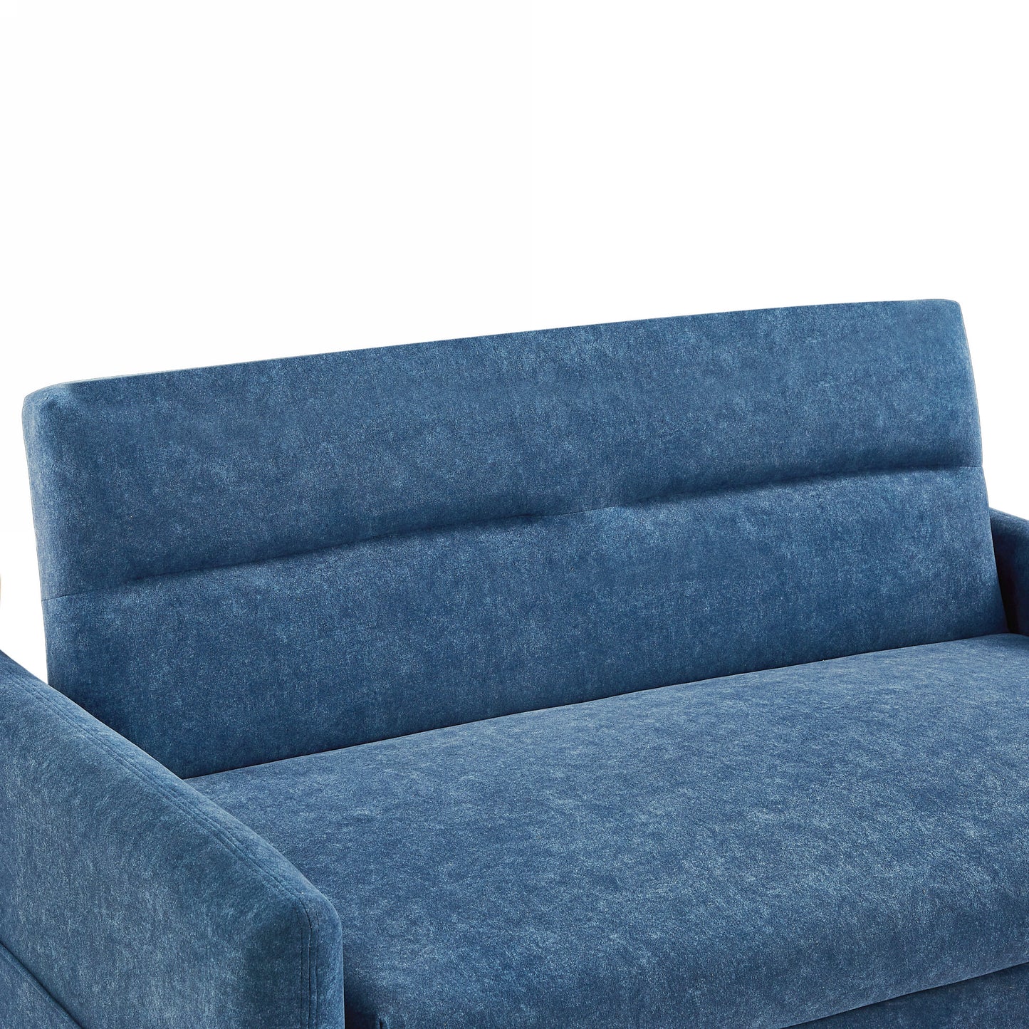 Closeup of a textured blue fabric sofa with channeltufted back