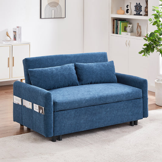 Blue upholstered sofa bed with builtin side pockets ideal for small apartments
