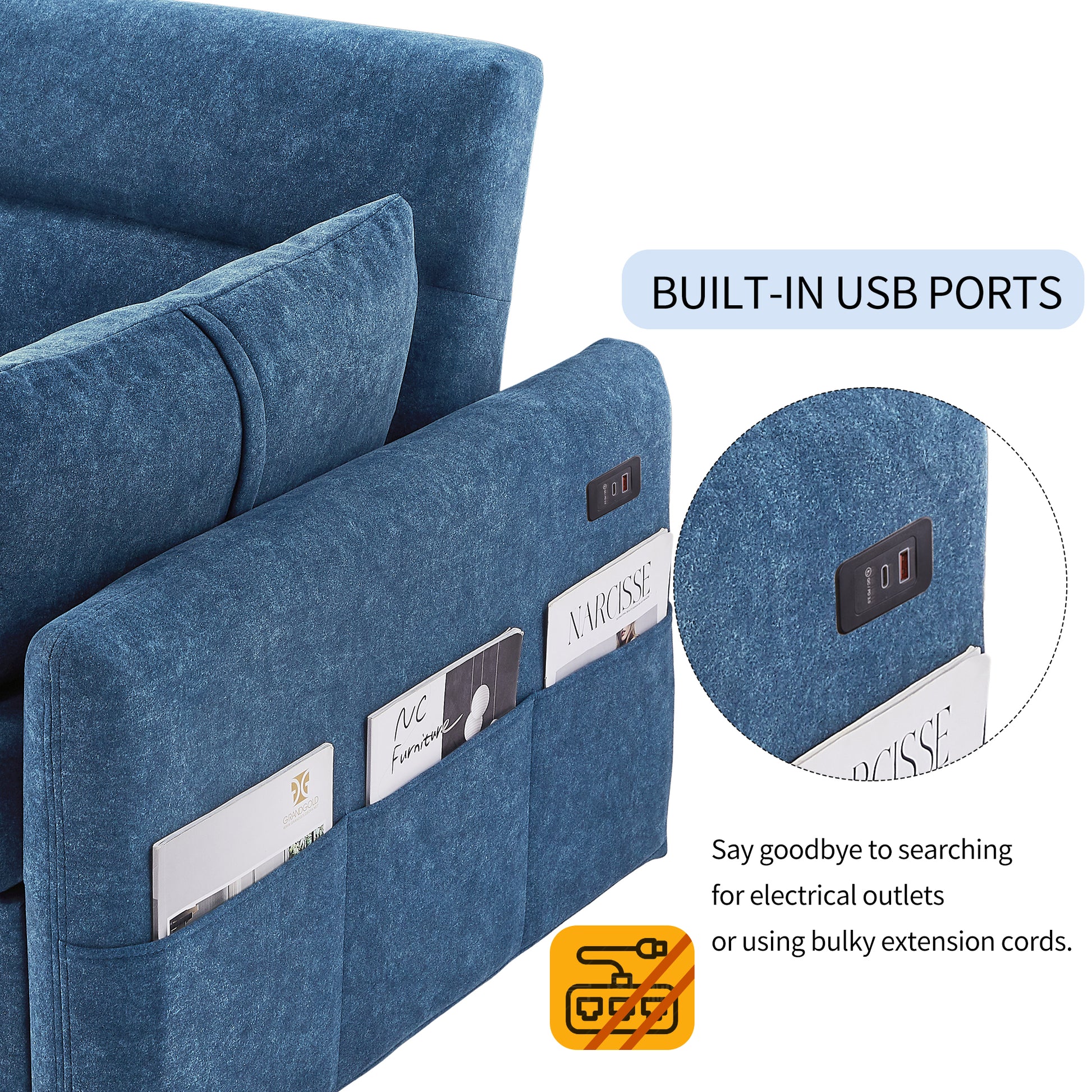 Blue upholstered armchair with builtin USB charging ports on the side pocket