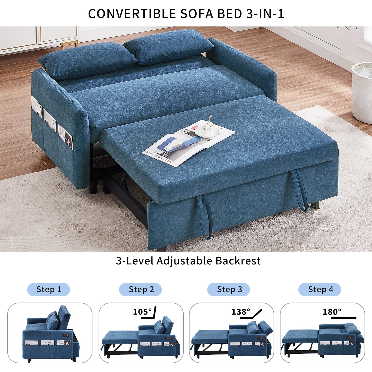 Blue upholstered convertible sofa bed with storage pockets ideal for small living spaces