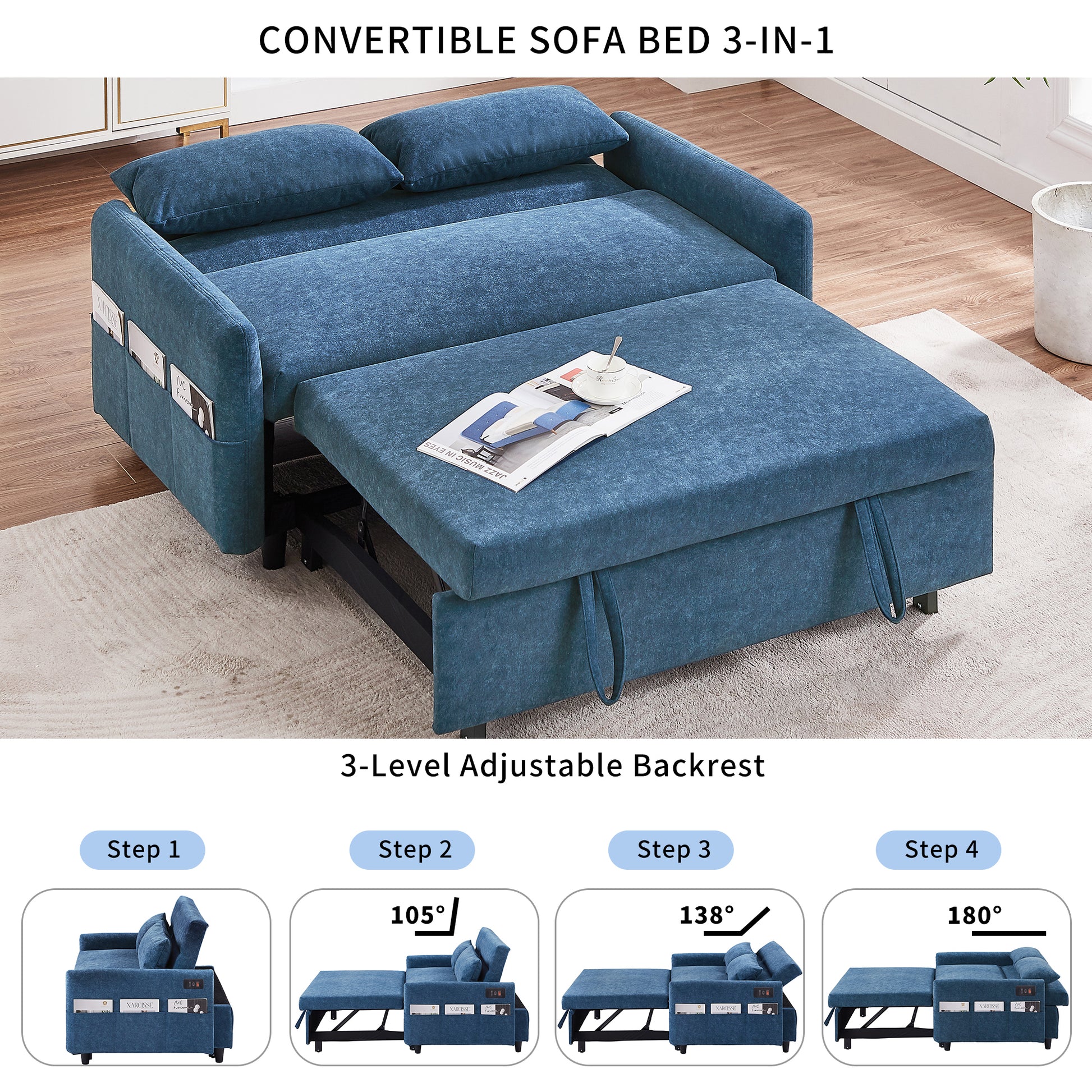 Blue upholstered convertible sofa bed with storage pockets ideal for small living spaces