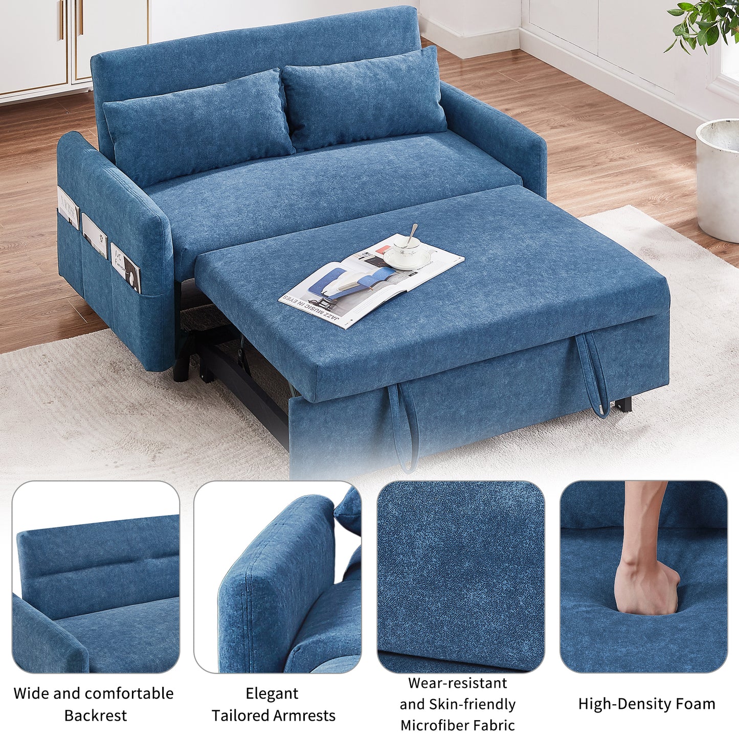 Blue microfiber sofa bed with ottoman and side magazine pockets compact design