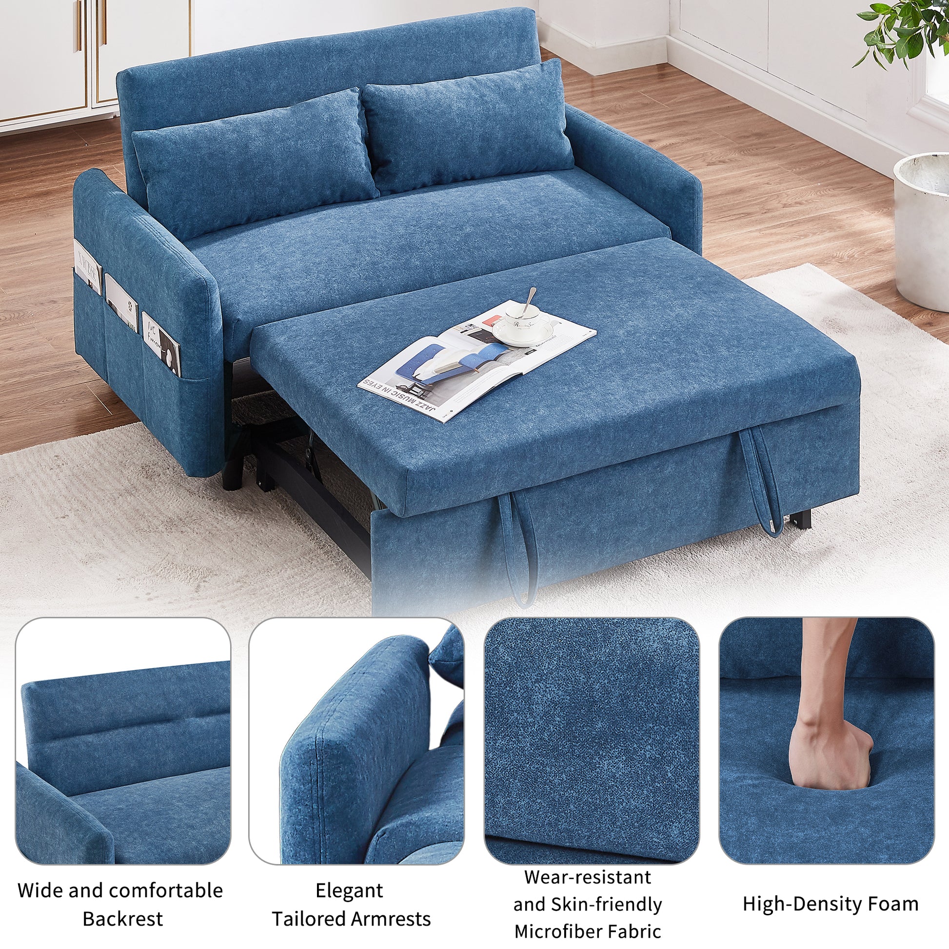 Blue microfiber sofa bed with ottoman and side magazine pockets compact design
