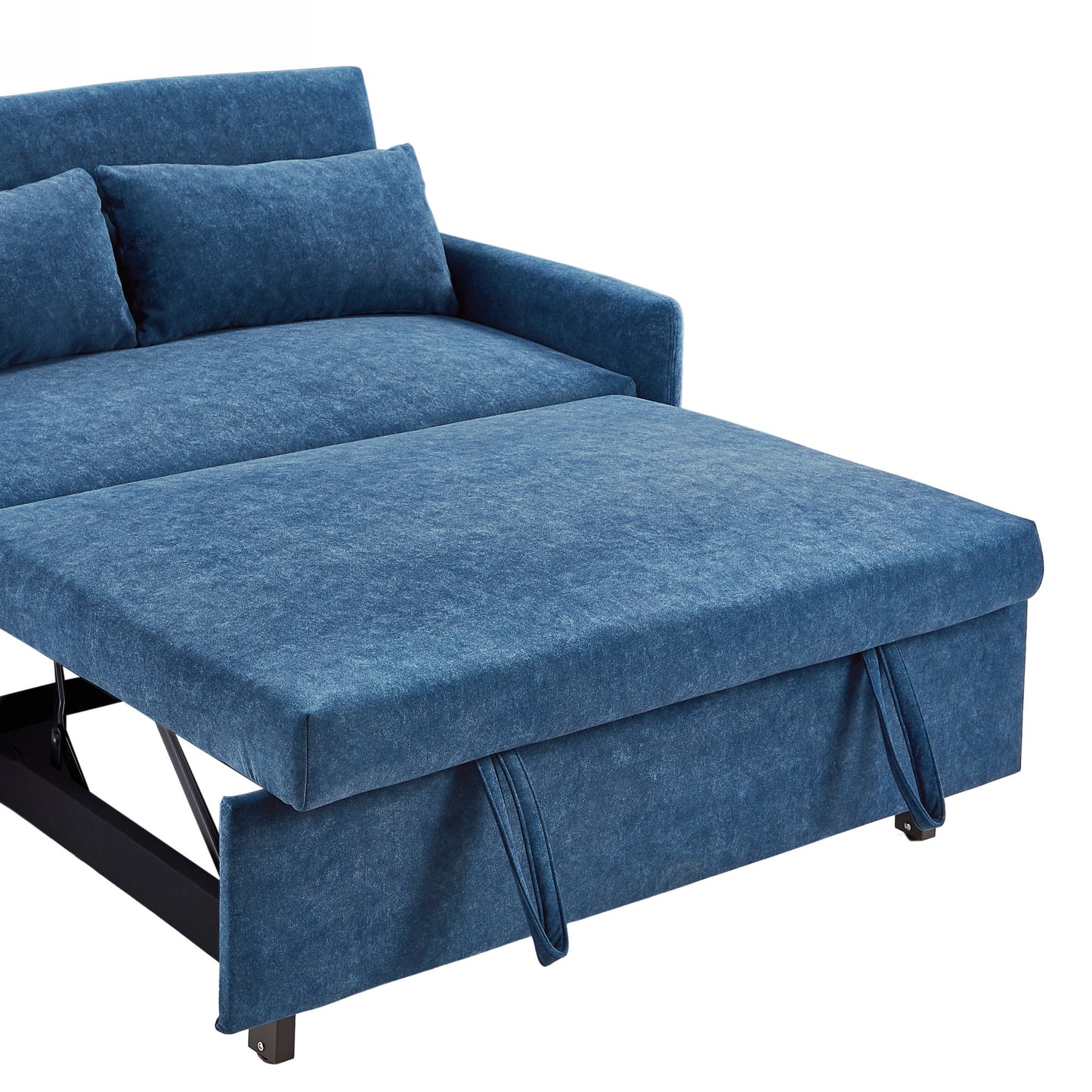 Blue velvet sleeper sofa with pull tabs perfect for small spaces