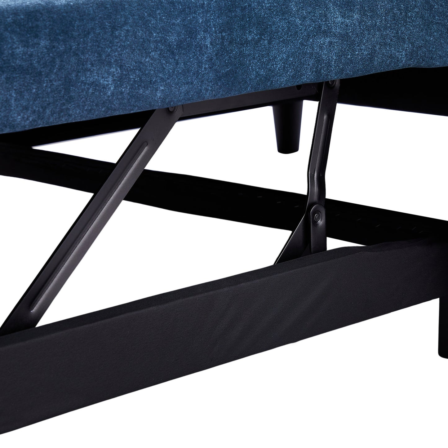 Closeup of blue velvet headboard with visible lift mechanism and black metal frame
