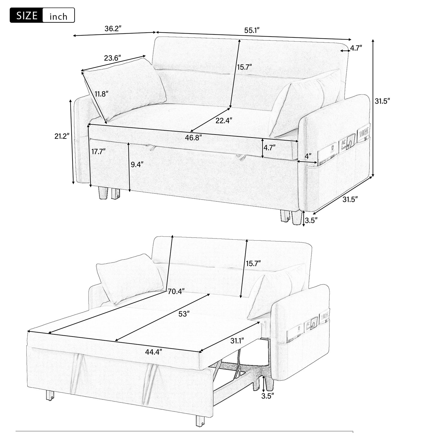 Convertible sofa bed with storage pockets  wide fabric upholstery for modern living