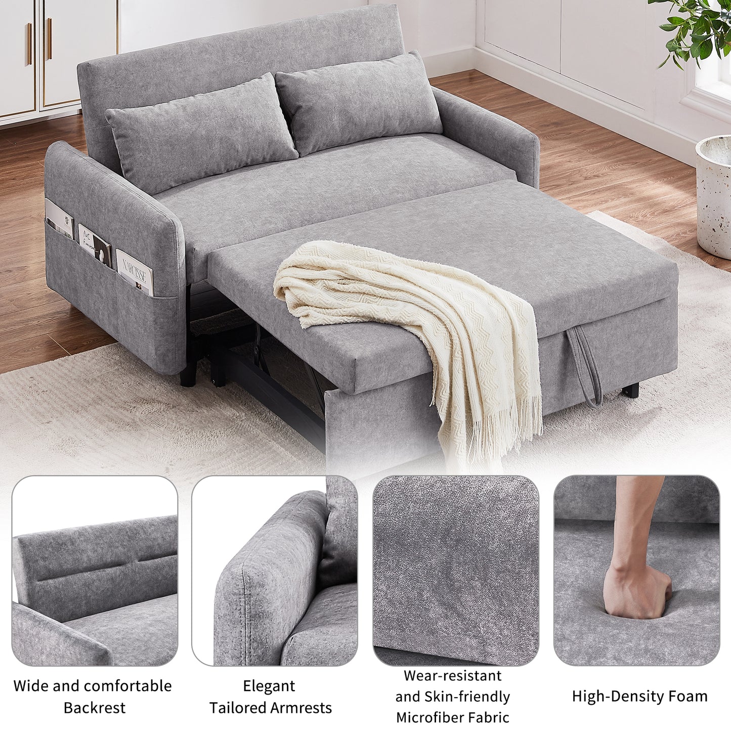 Grey microfiber sofa bed with pullout ottoman and side storage pockets for modern living