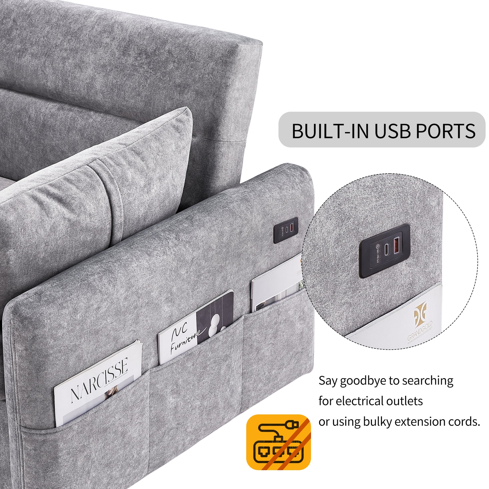 Gray upholstered bed frame with builtin USB ports on the side for convenient charging