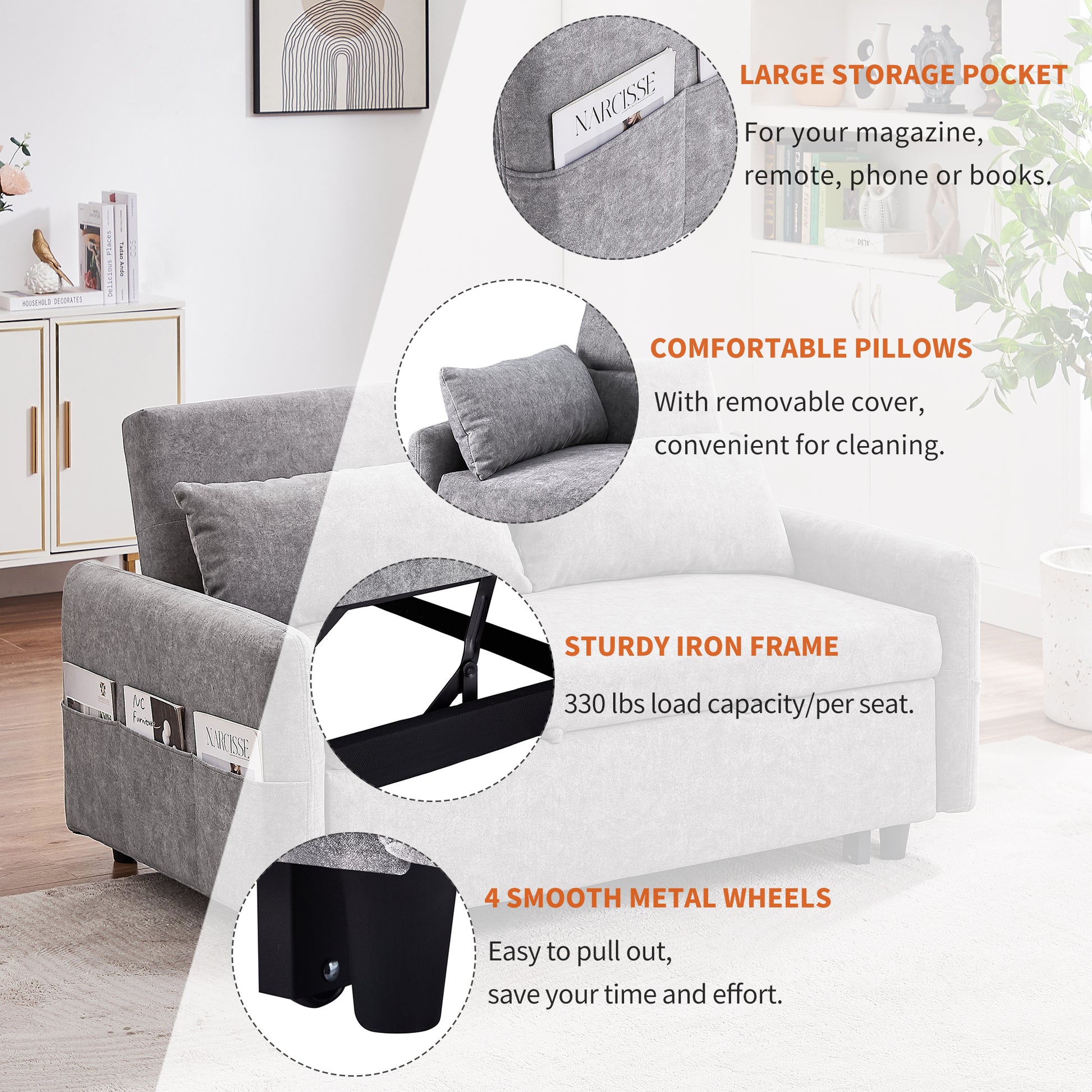 Grey fabric sofa with large side storage pockets holding magazines