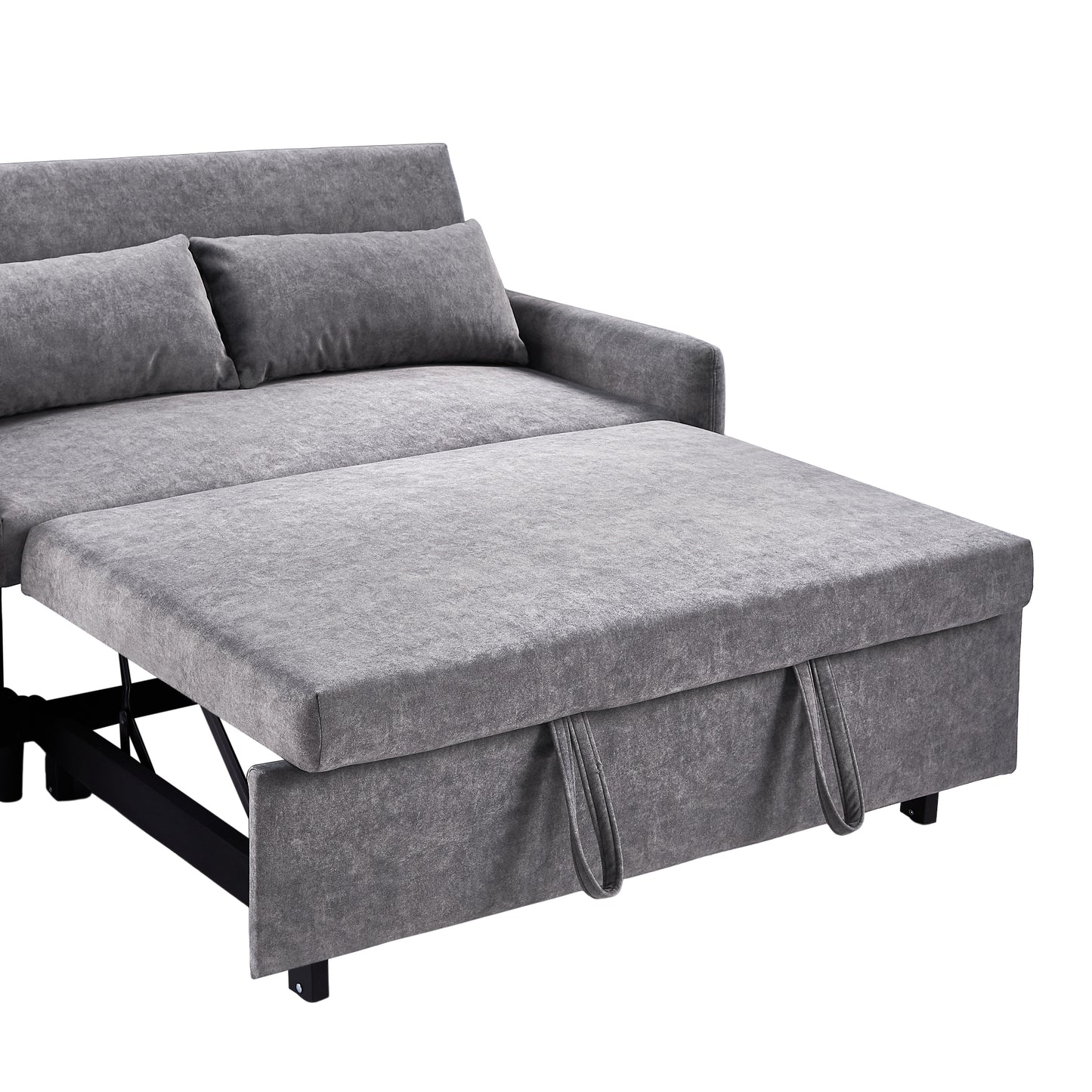 Gray fabric convertible sofa with pullout ottoman and two throw pillows