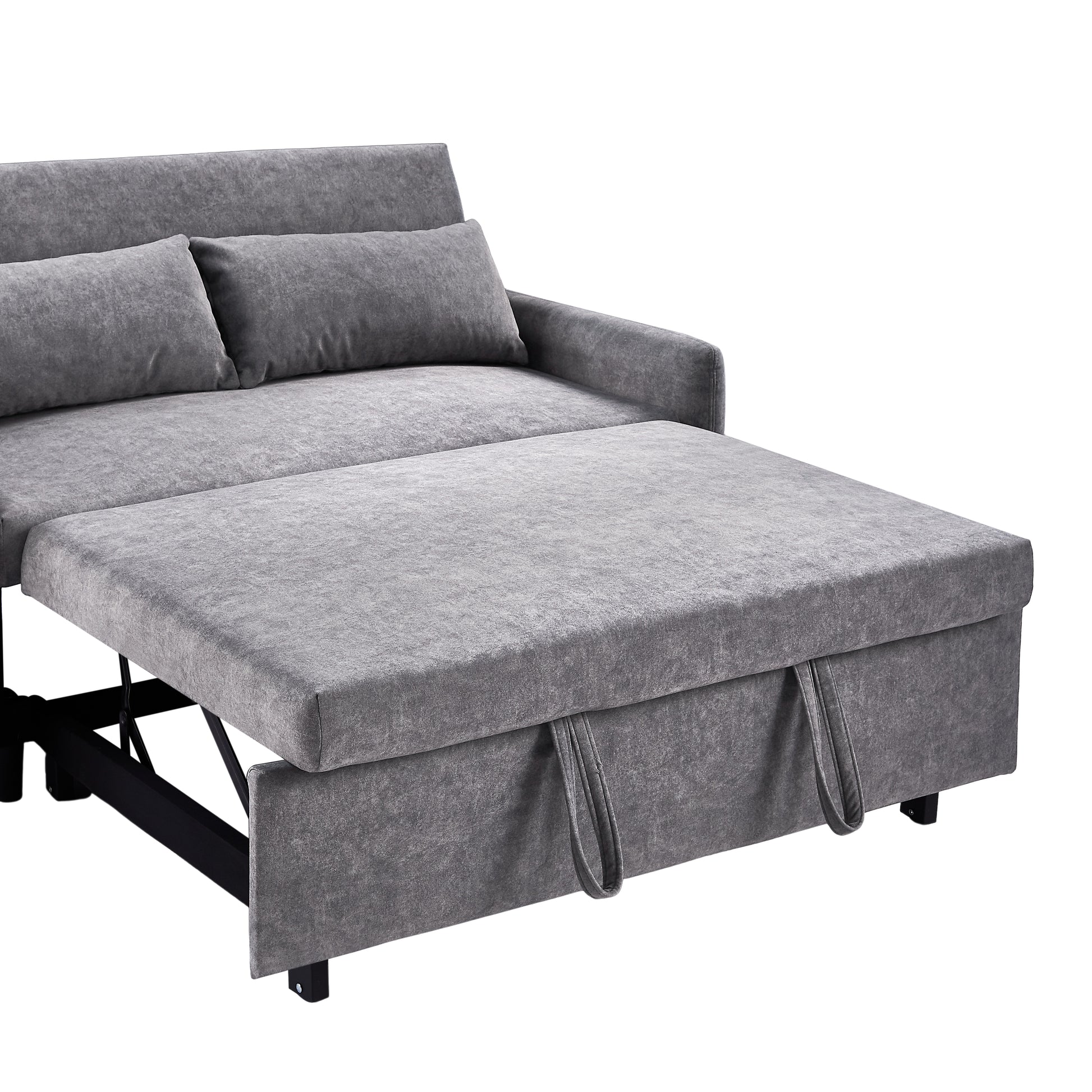 Gray fabric convertible sofa with pullout ottoman and two throw pillows