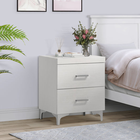 White wood grain twodrawer nightstand with silver bar pulls perfect for bedroom storage