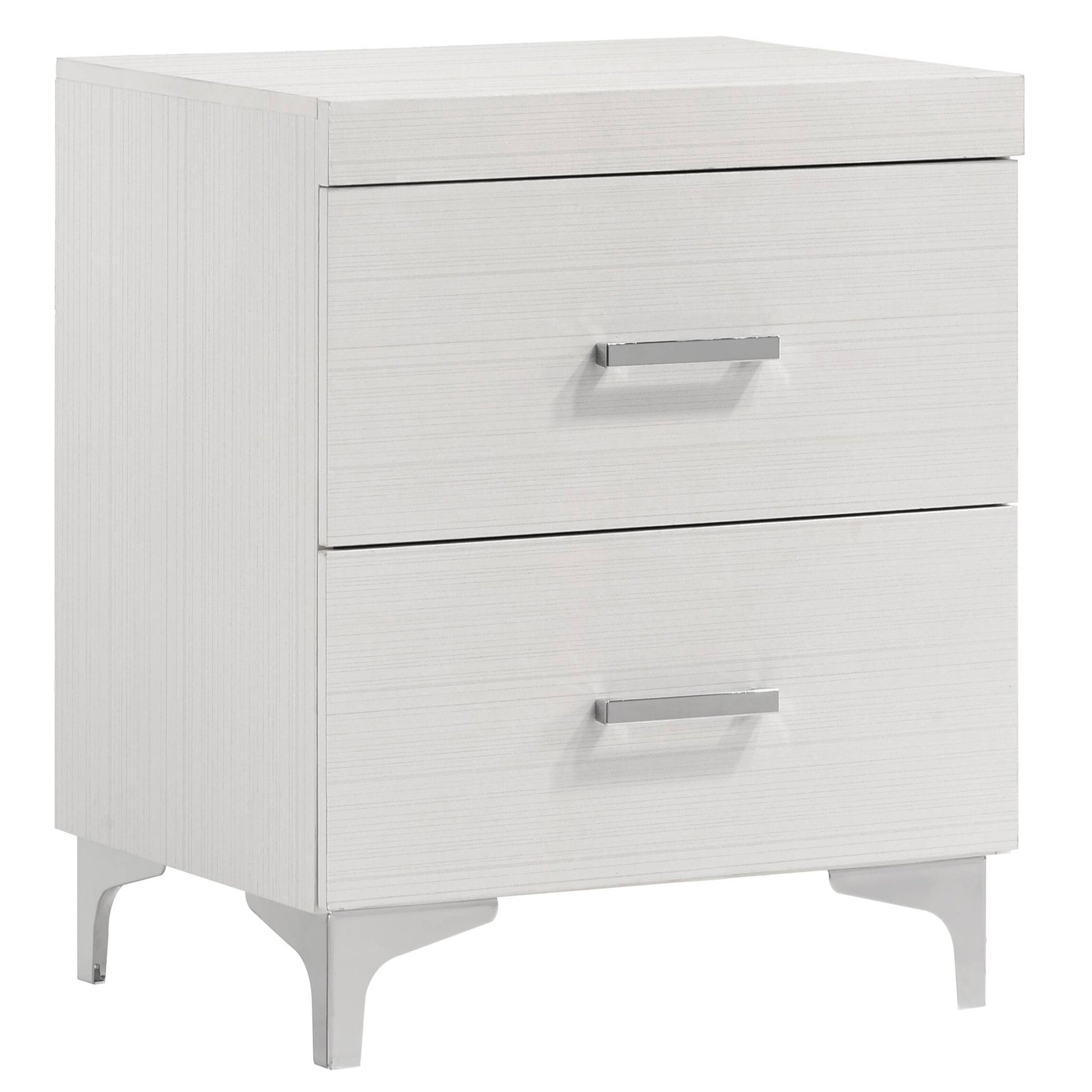 White woodgrain twodrawer nightstand with brushed nickel pulls and modern legs