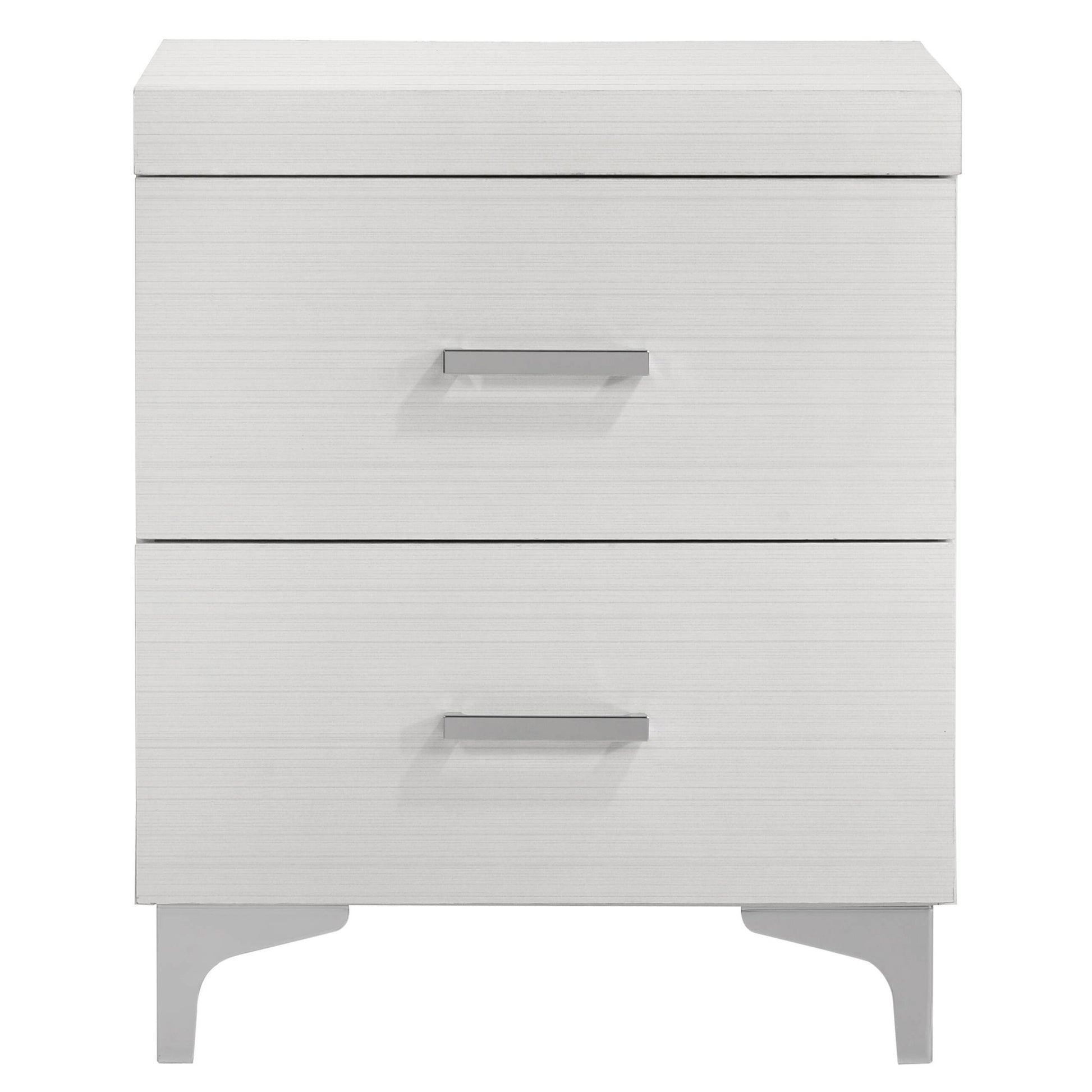 Modern twodrawer white nightstand with silver bar handles and angled silver legs