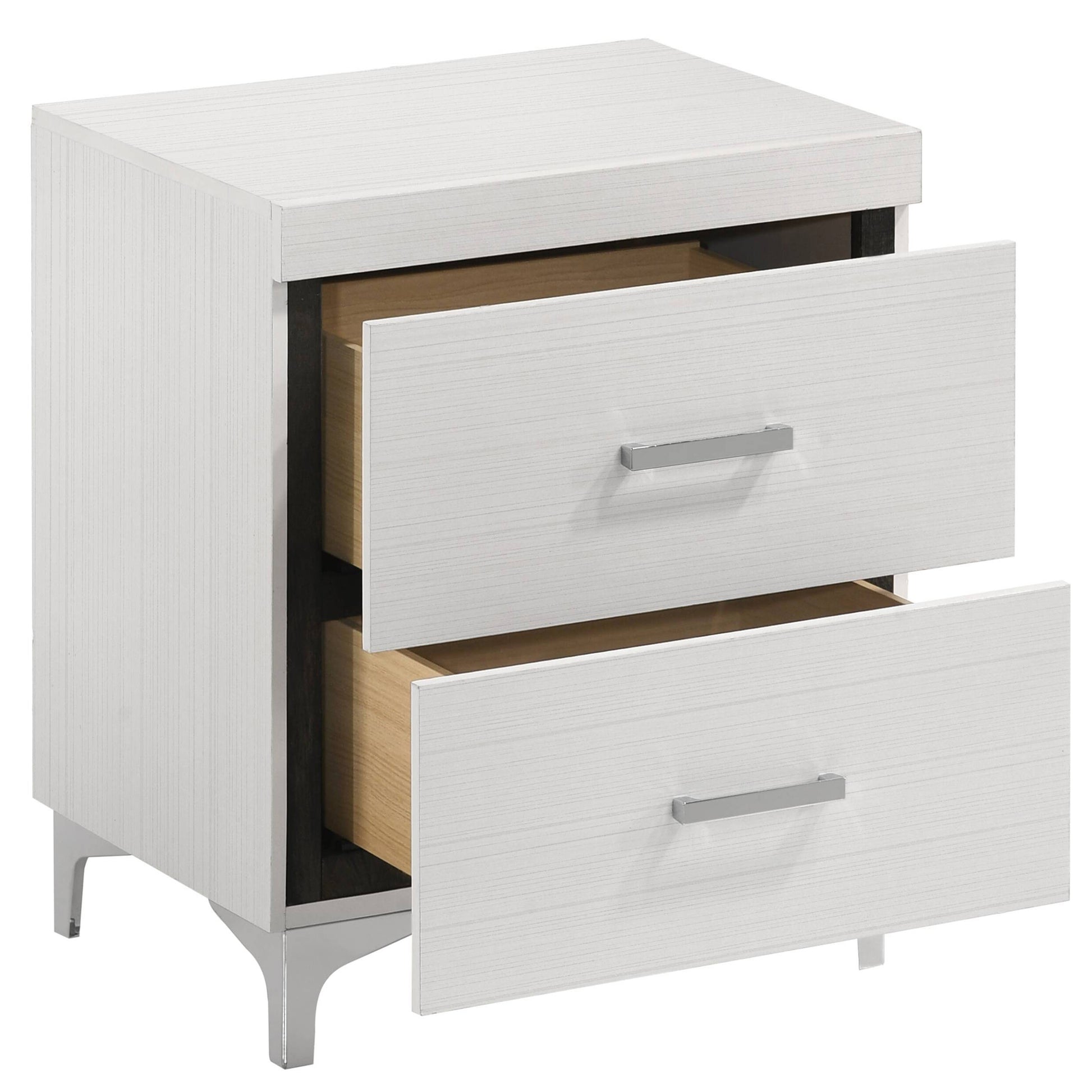 Modern white wood grain nightstand with two drawers and chrome handles