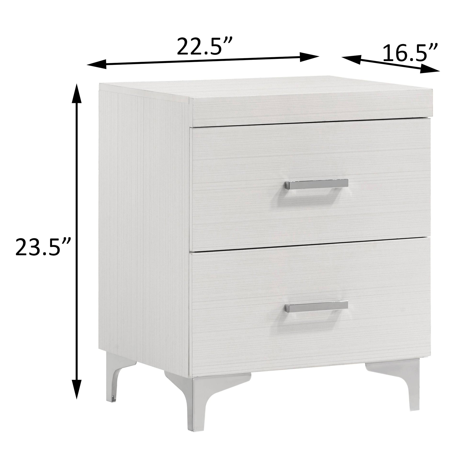 White twodrawer nightstand with silver handles and modern angled legs