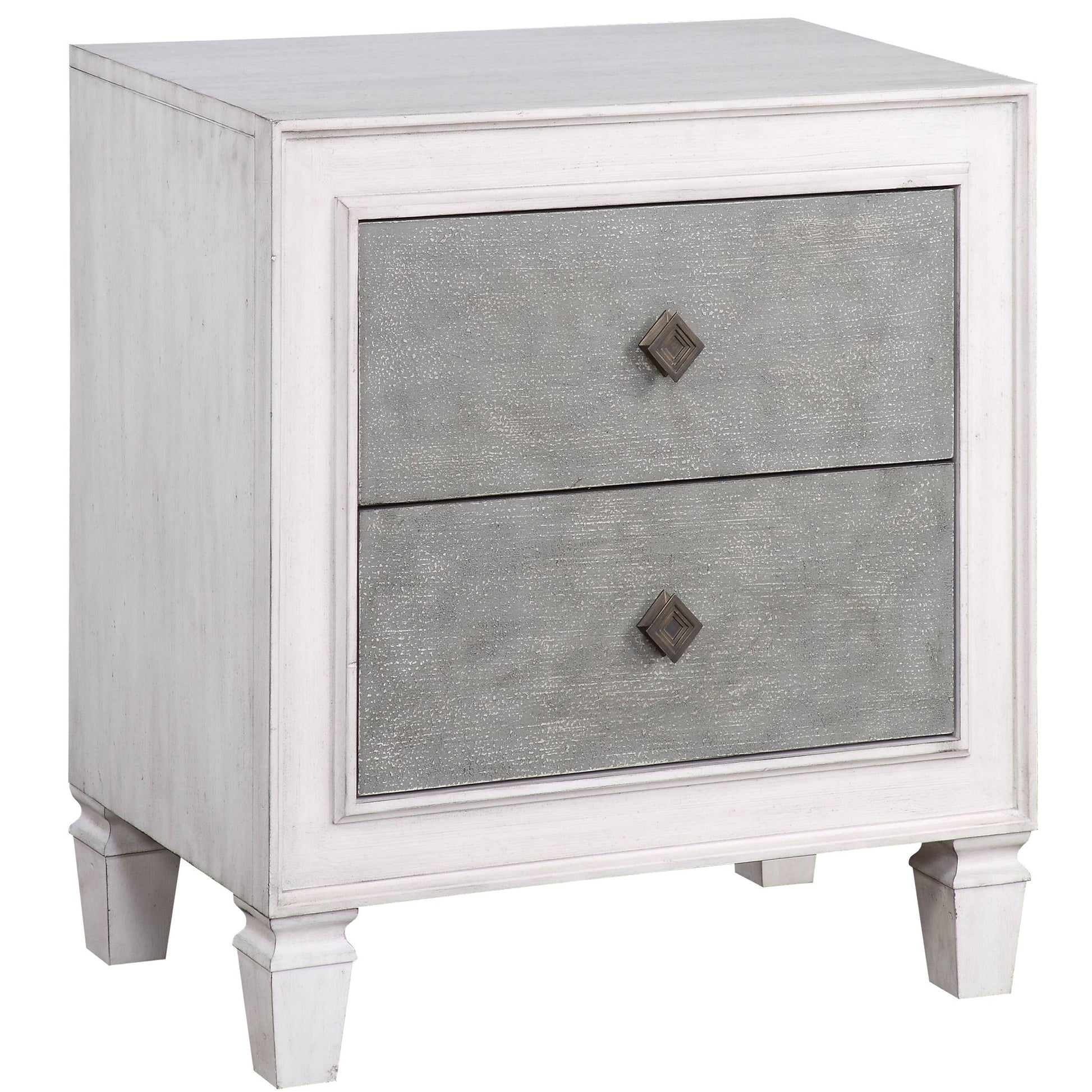 Whitewashed wood nightstand with two distressed grey drawers and antique bronze diamond pulls