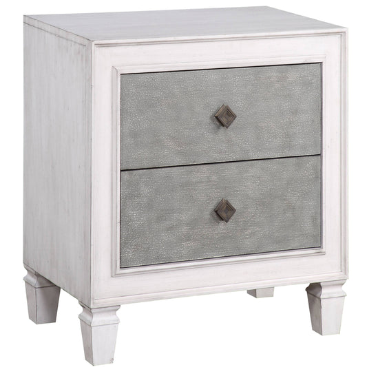 Whitewashed wood nightstand with two distressed grey drawers and antique bronze diamond pulls