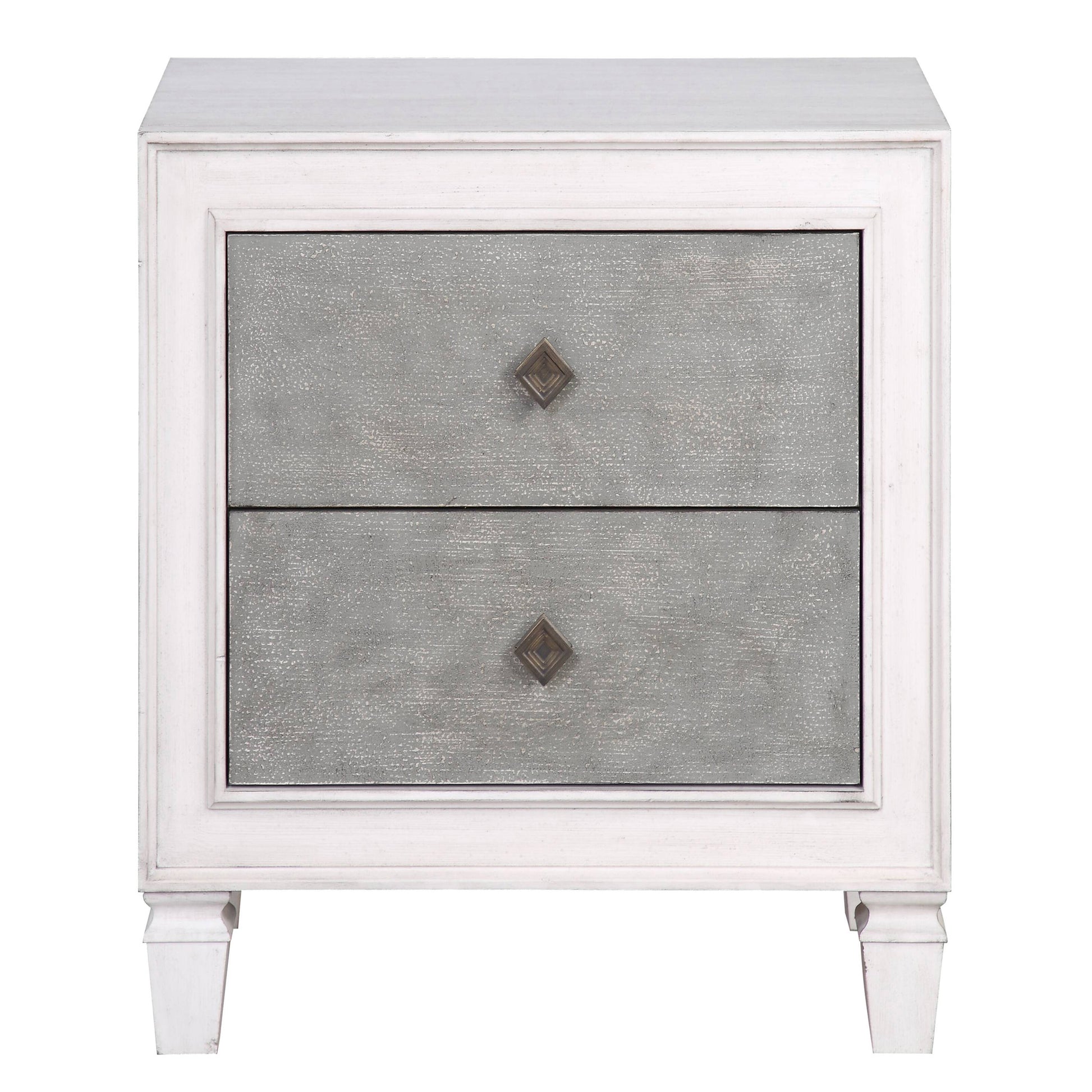 Distressed white wood nightstand with two grey textured drawers and antique brass diamond pulls