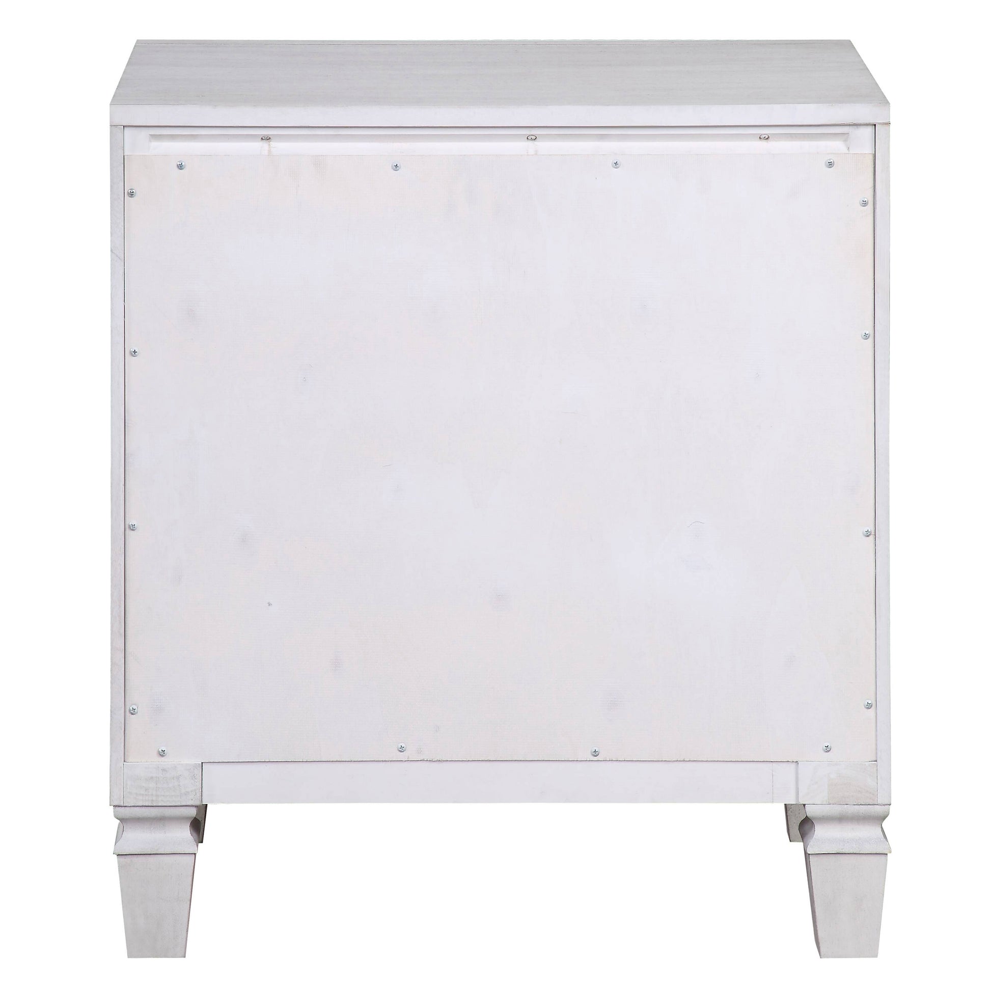 Rustic white washed wooden dresser back panel with visible screws and carved legs