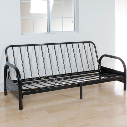 Black metal futon frame with a sleek minimalist design for small living spaces