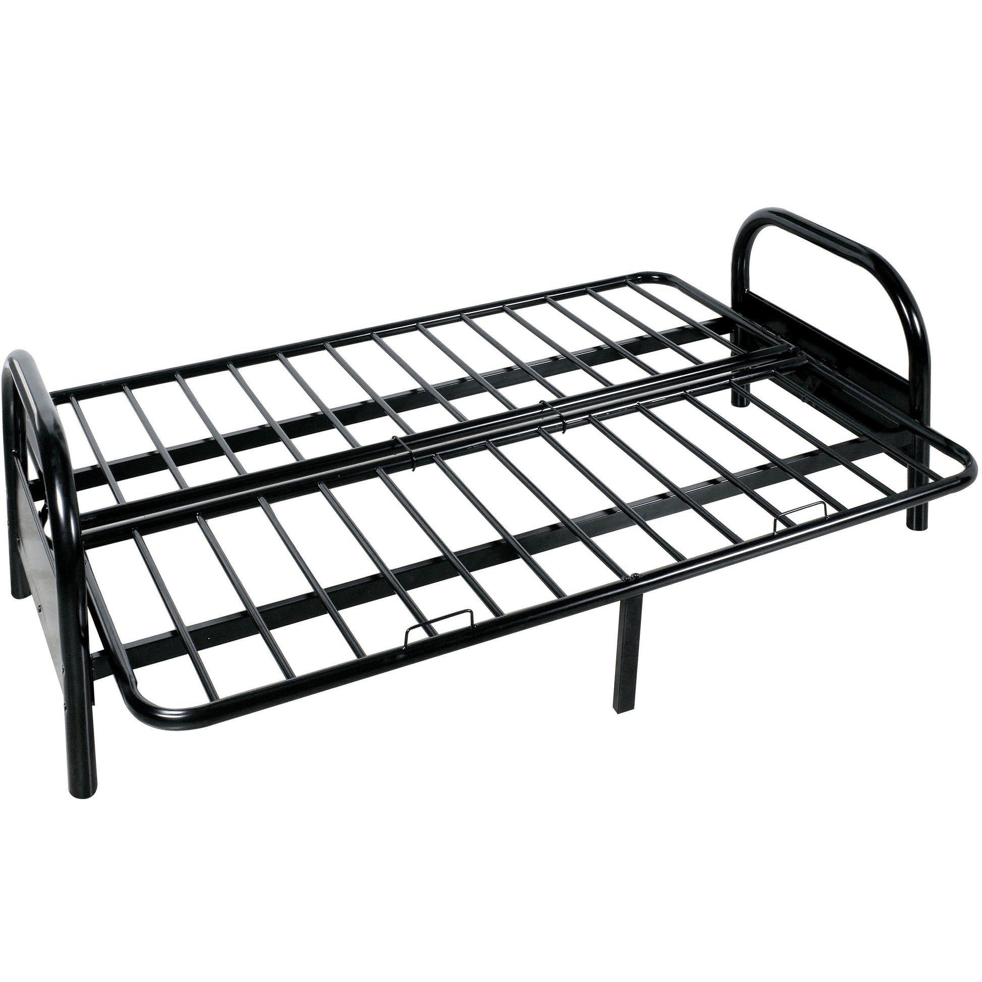 Black metal twin bed frame with slatted support