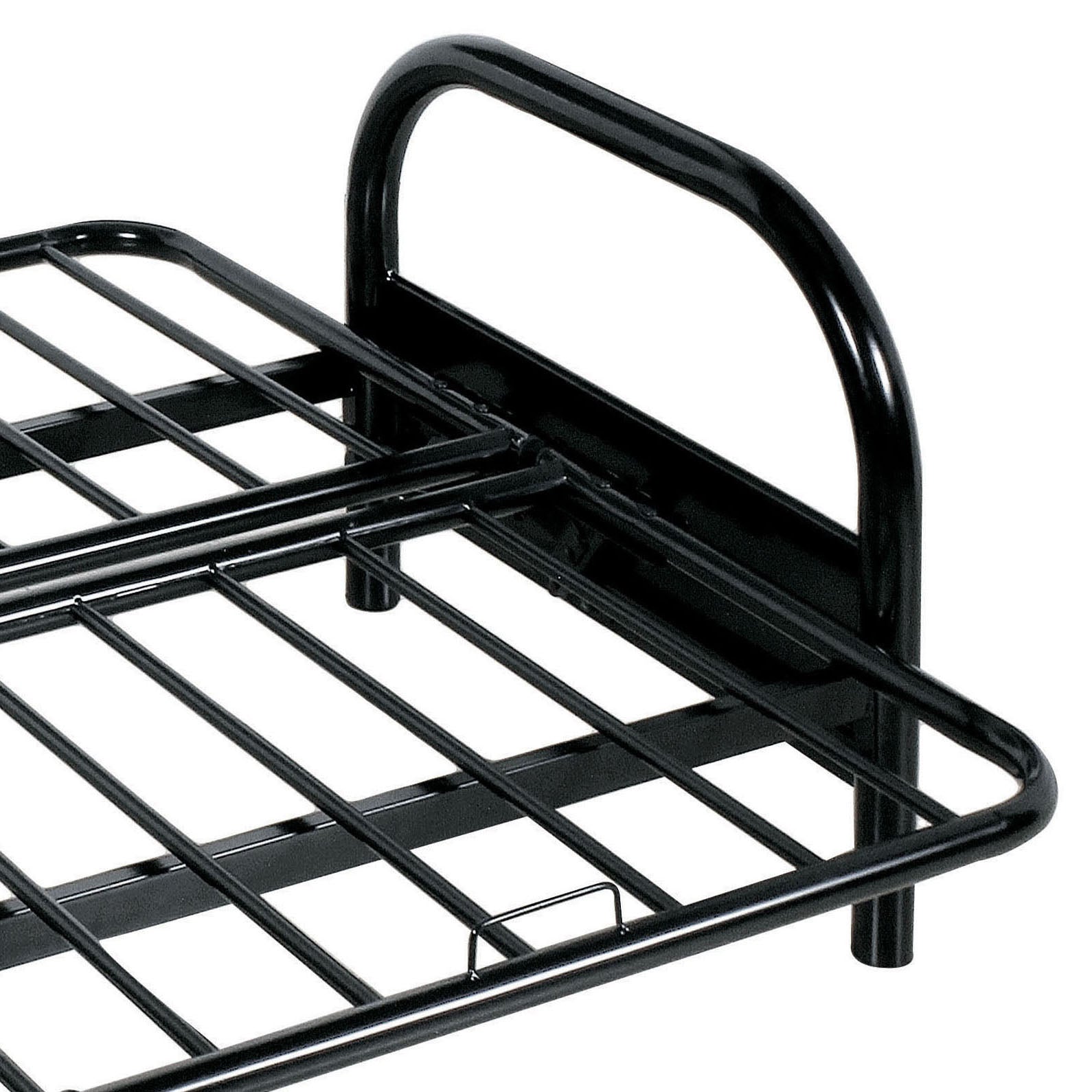 Black metal bed frame with curved headboard and sturdy slatted support