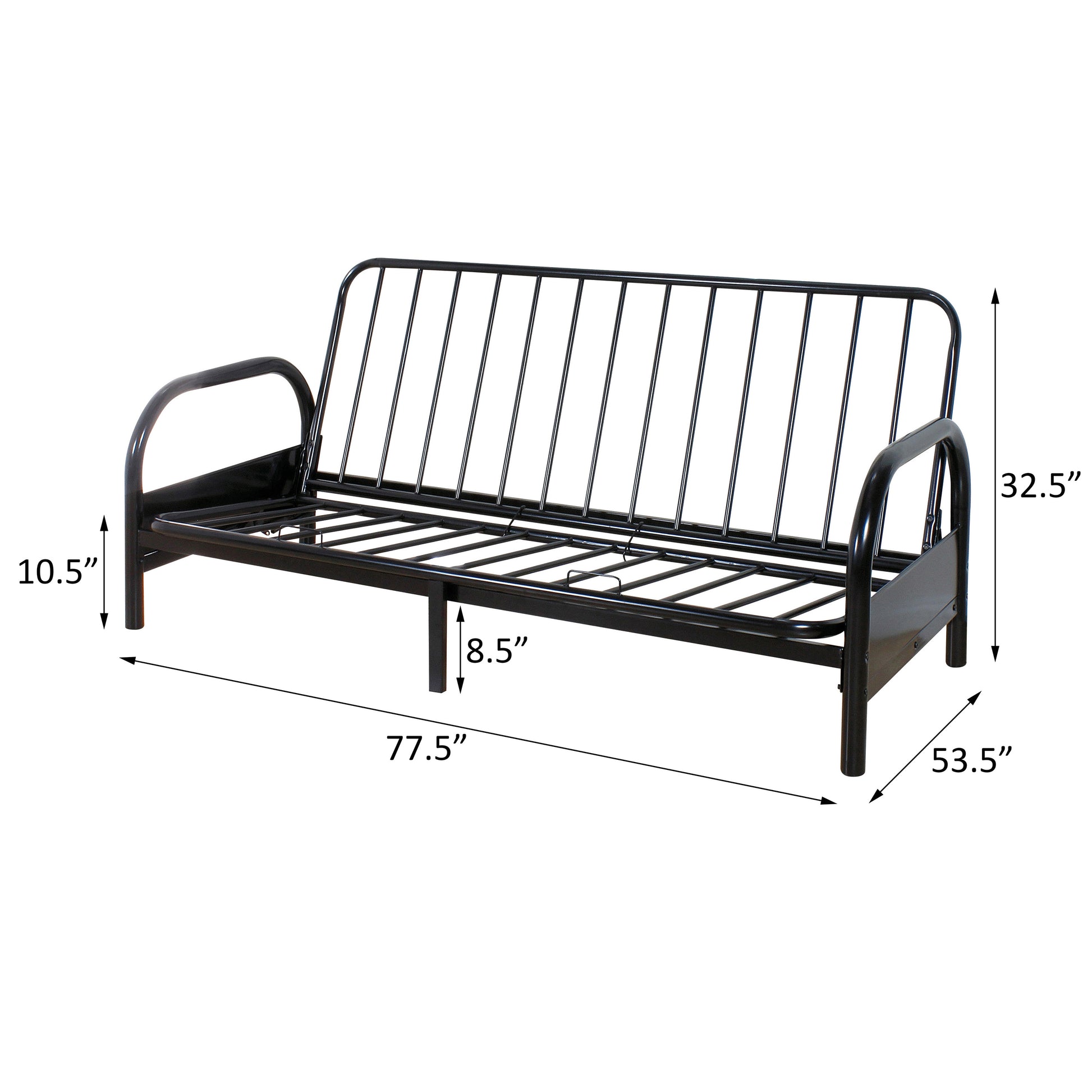 Black metal futon frame with a slatted seat and backrest  inches long