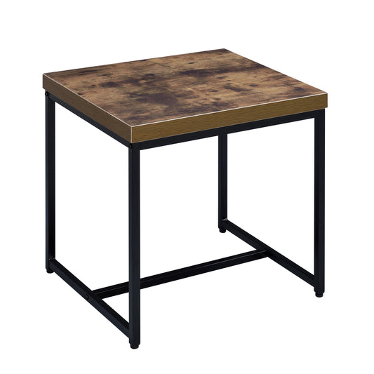 Rustic brown woodlook end table with black metal frame and square top
