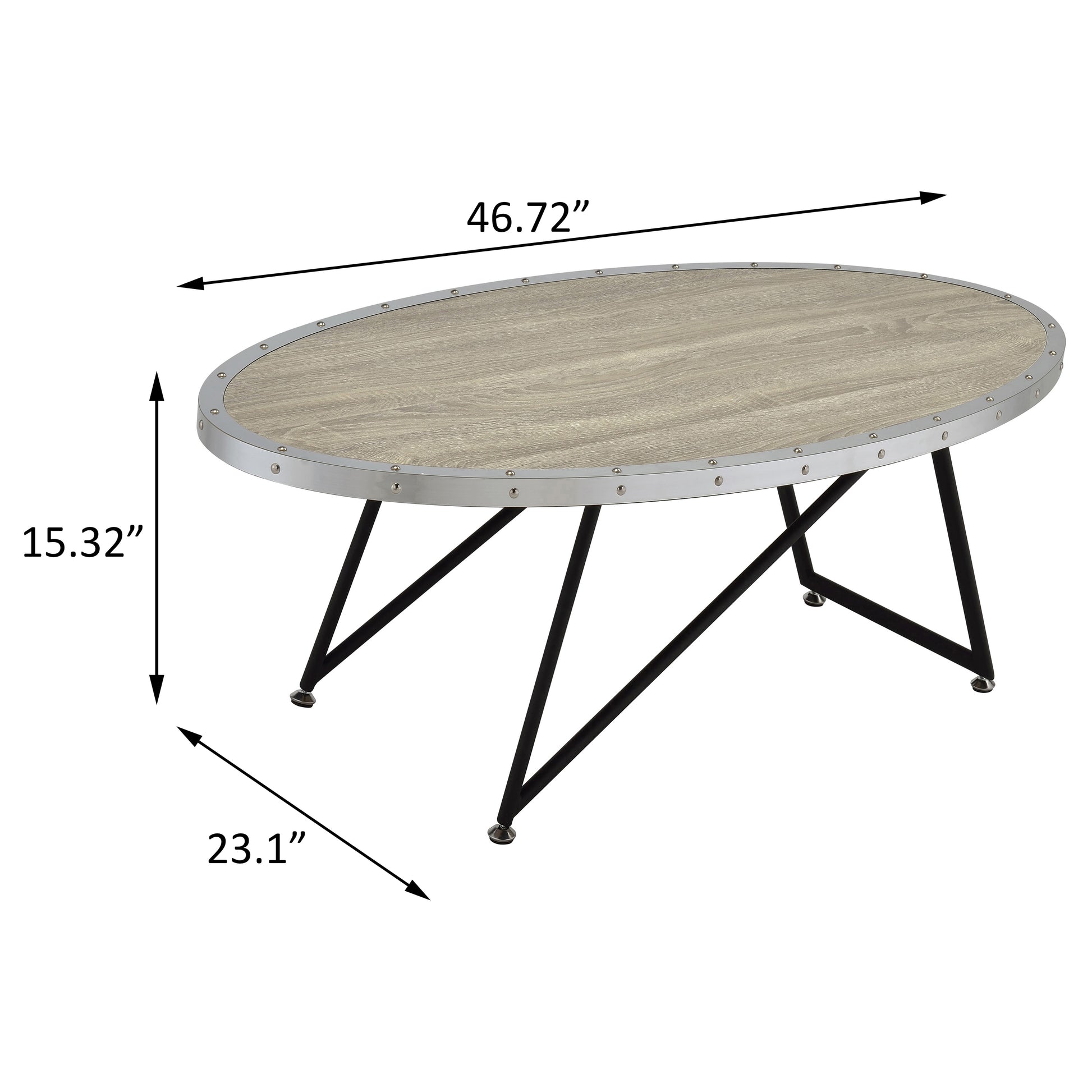 Oval wood grain coffee table with silver metal trim and black metal legs