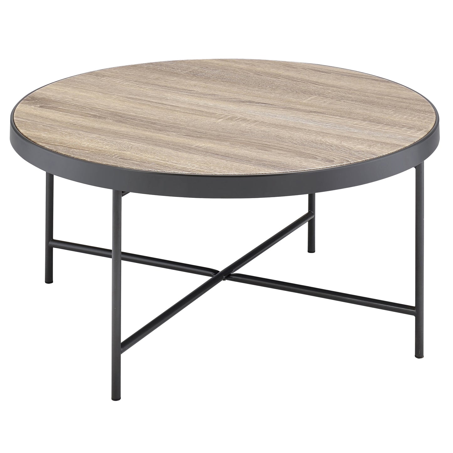 Round wood grain coffee table with black metal frame and crisscross legs