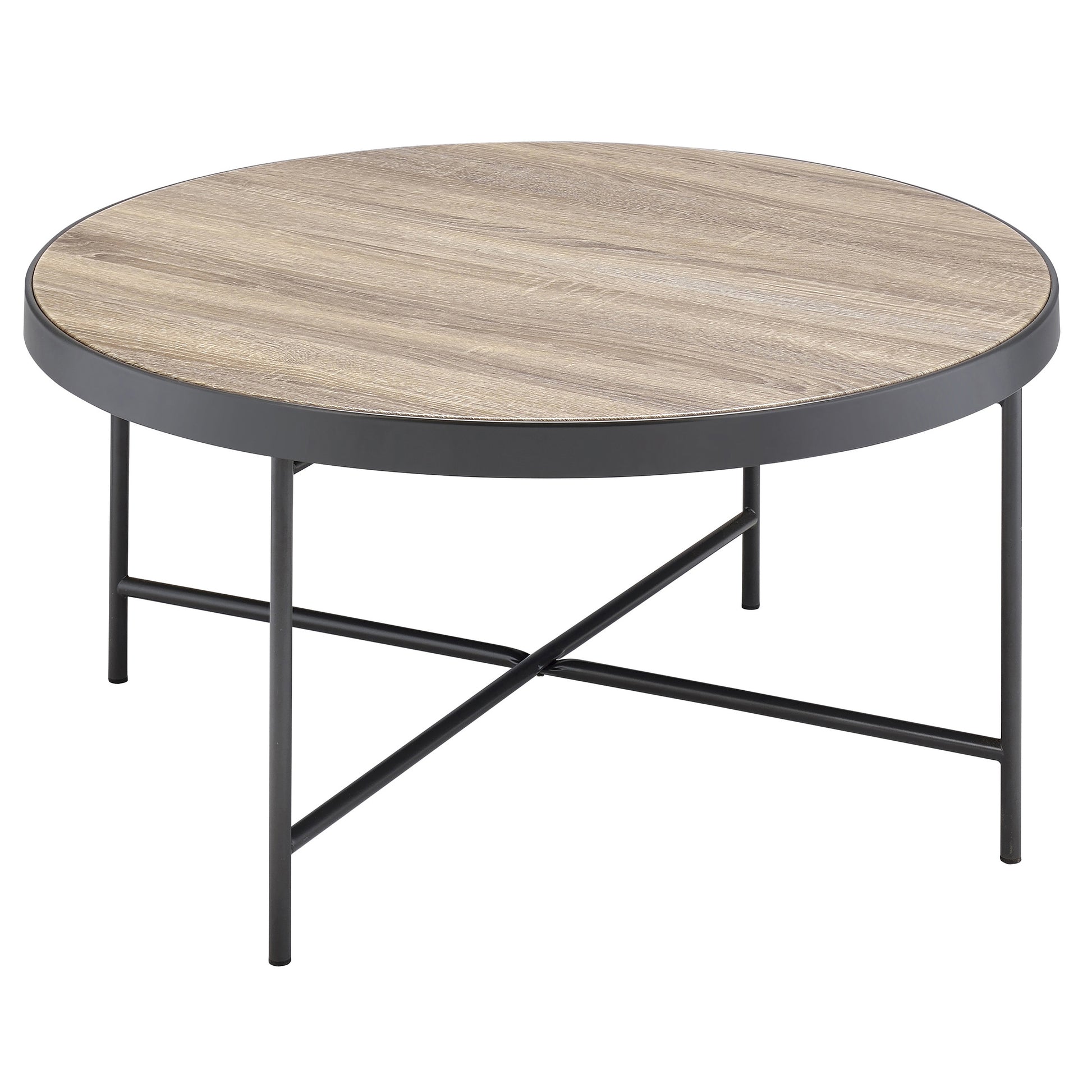 Round wood grain coffee table with black metal frame and crisscross legs